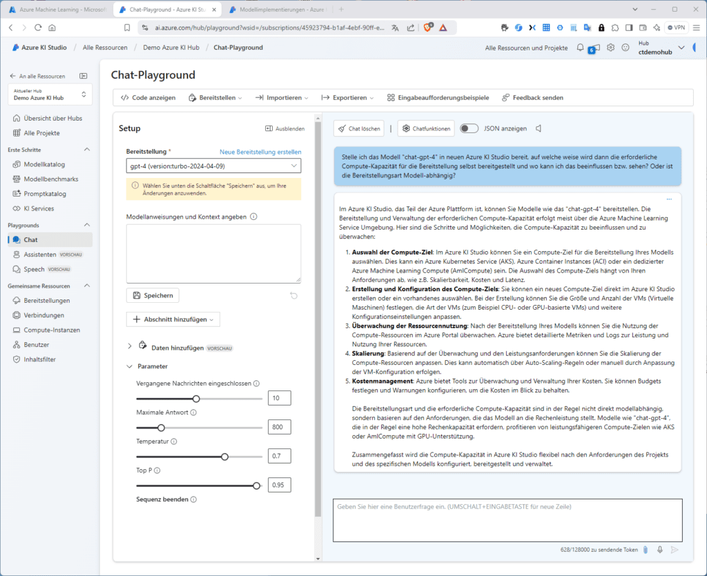 Screenshot einer Software-Oberfläche, die eine Chat-Spielwiese mit Einrichtungsoptionen auf der linken Seite und einen Textausgabebereich auf der rechten Seite zeigt.
