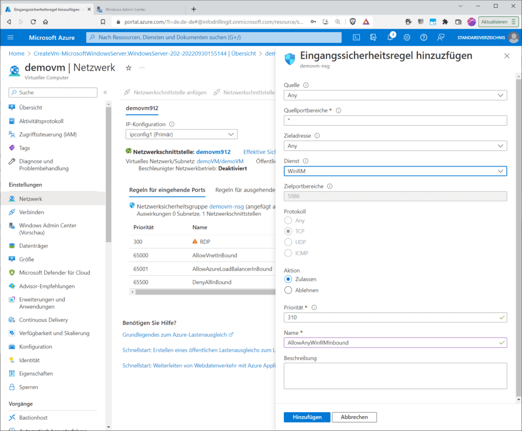 Das Anpassen der Netzwerksicherheitsgruppe für WinRM.