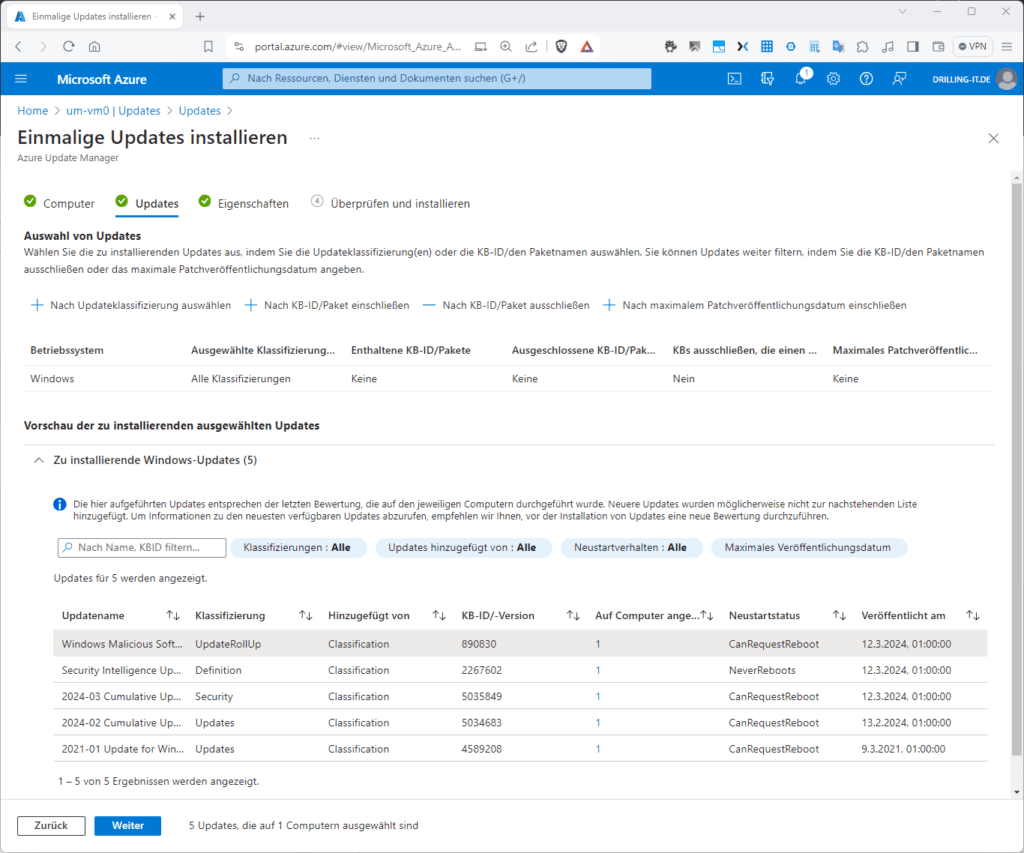 Screenshot der Microsoft Azure-Schnittstelle mit einer Liste von Windows-Updates mit Details wie Klassifizierung, Schweregrad und Installationsstatus.