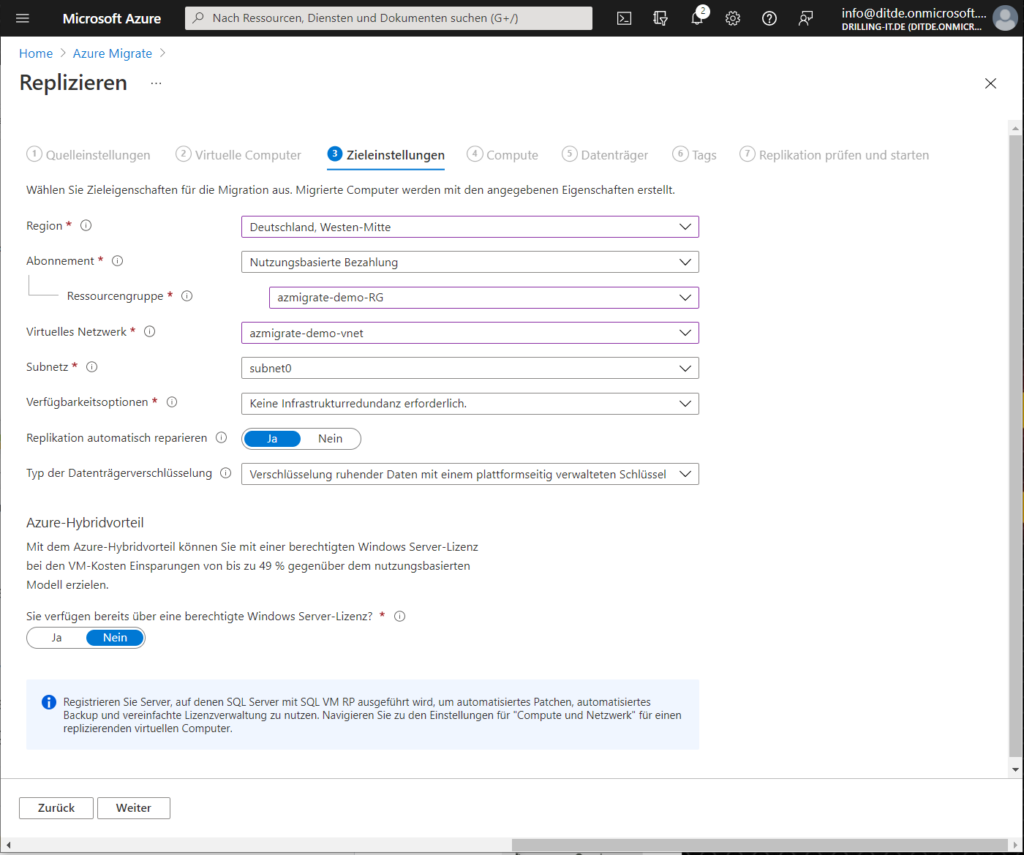 Das Konfigurieren der Zielumgebung in Azure