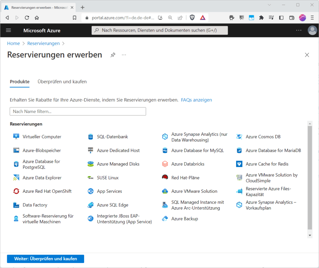 Du kannst Reservierungen für verschiedene Azure-Dienste erwerben und dadurch bei 24/7-Nutzung Geld sparen.