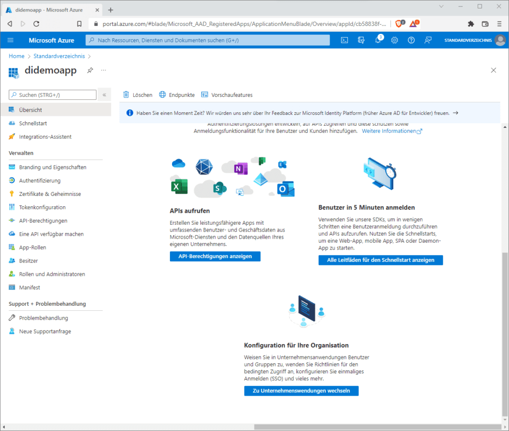 Die Übersichtsseite der Microsoft Identity Platform.