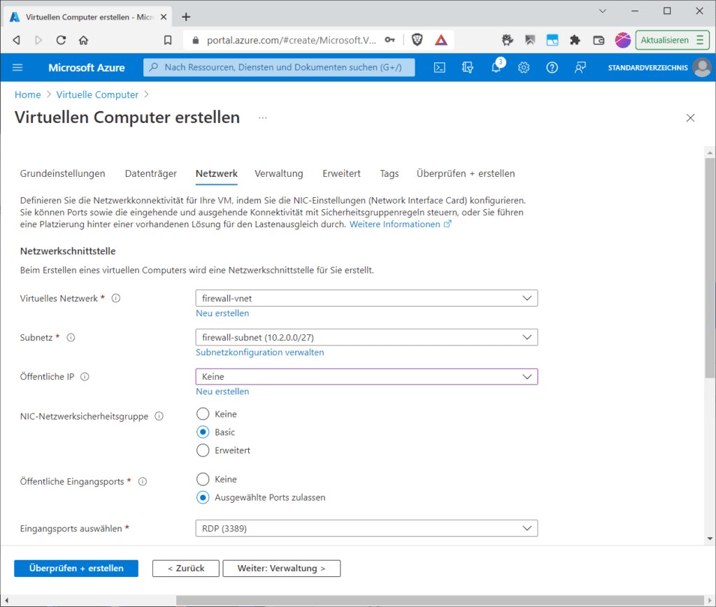 Eine neue VM in Azure muss in das richtige Netzwerk
