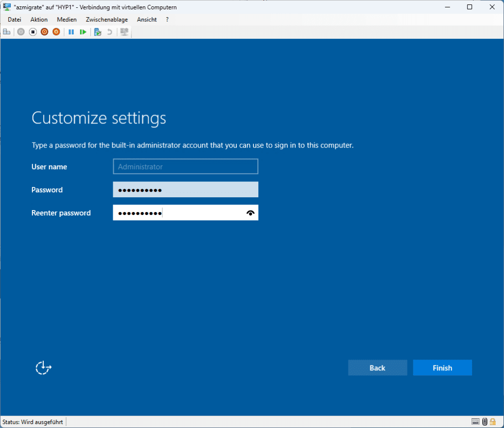 Windows-Einrichtungsbildschirm zum Anpassen der Einstellungen, mit Feldern für Benutzername und Kennwort mit ausgefüllten Textfeldern und Schaltflächen für „Zurück“ und „Fertig stellen“.