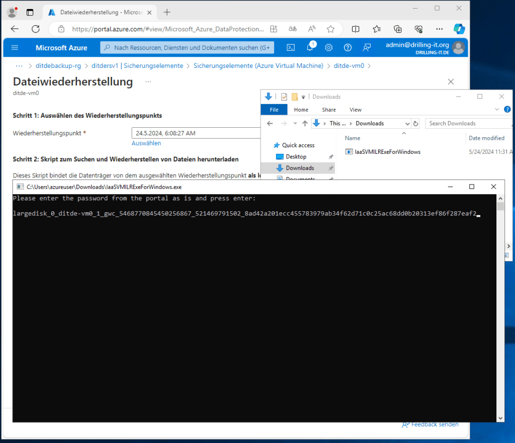 Screenshot eines Windows-Desktops, der einen Dateiwiederherstellungsprozess mit einem geöffneten Eingabeaufforderungsfenster zeigt, in dem eine Kennworteingabeaufforderung angezeigt wird.