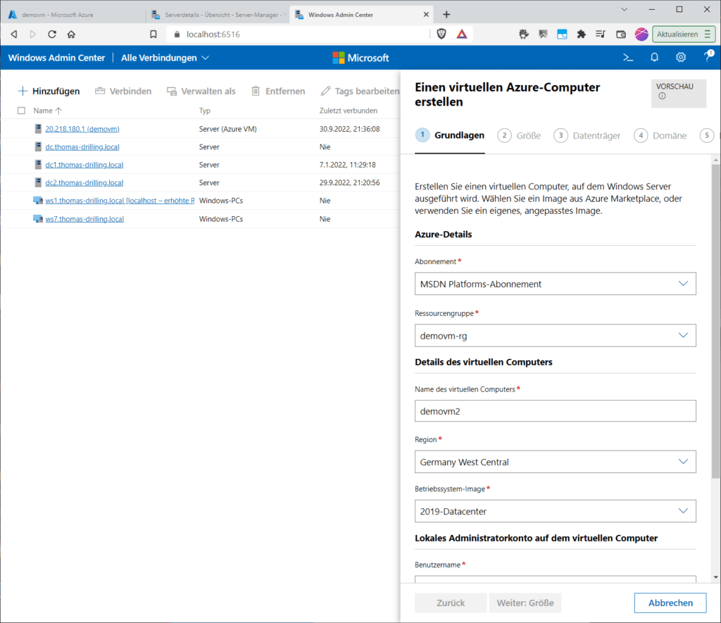 Das Anlegen einer neuen Azure-VM im lokalen Admin Center.