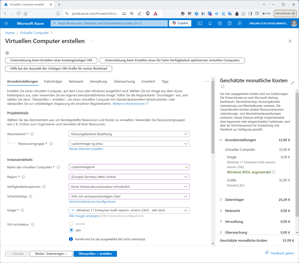 Screenshot der Microsoft Azure-Benutzeroberfläche zur Erstellung einer virtuellen Maschine, mit Konfigurationsoptionen und geschätzten monatlichen Kosten auf der rechten Seite