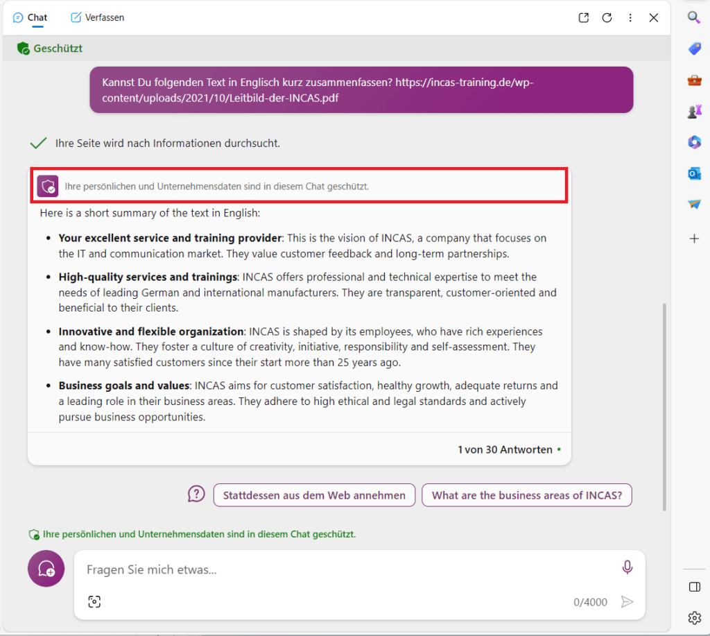 Bing hilft beim Zusammenfassen von Texten