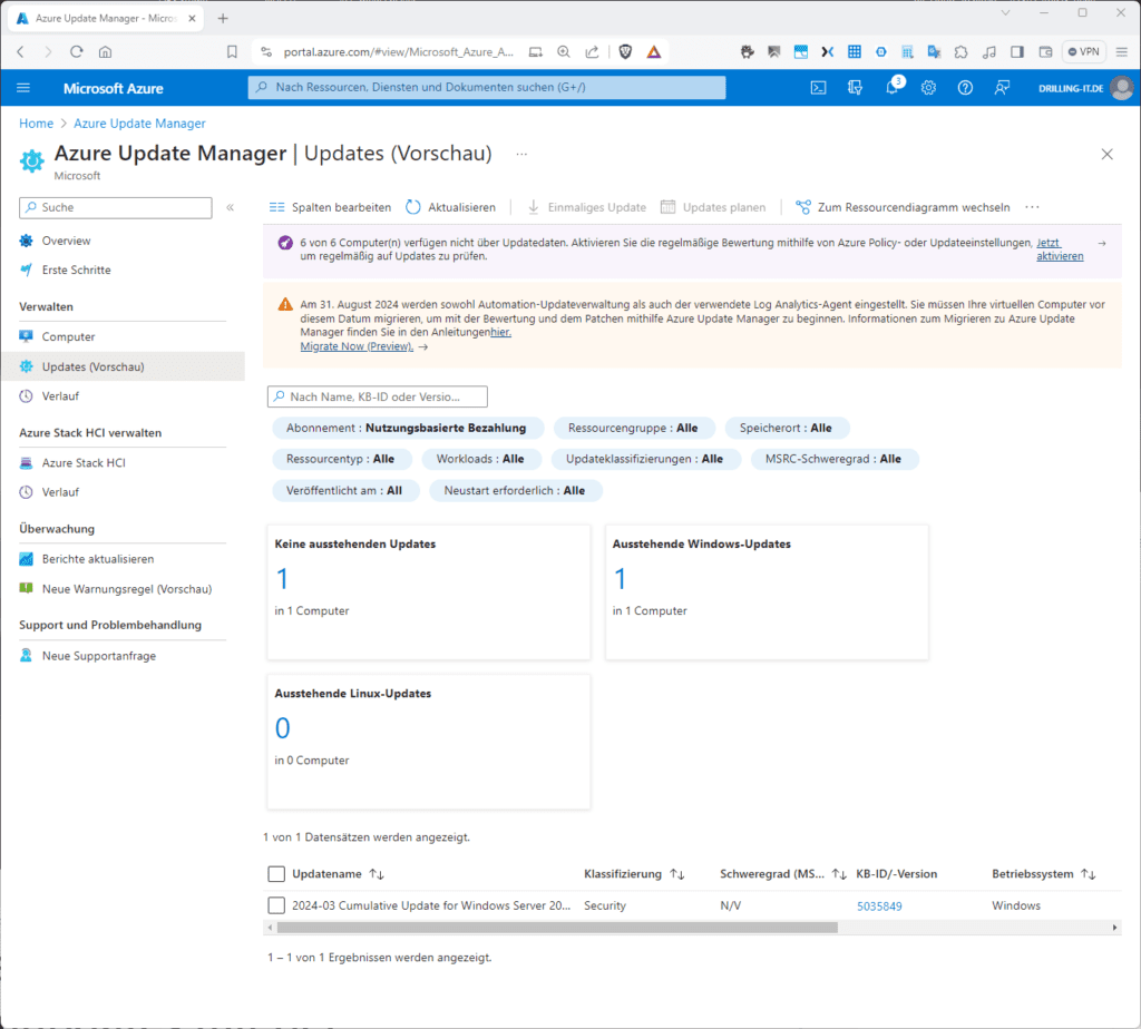 Screenshot der Microsoft Azure Update Manager-Oberfläche mit Anzeige des Update-Status und Optionen für Ressourcengruppen, Zeitpläne und Klassifizierungen.