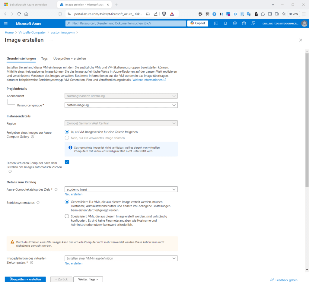 Screenshot des Microsoft Azure-Portals, der die Seite „Bild erstellen“ mit Feldern für Ressourcengruppe, Region und Bilddetails anzeigt.