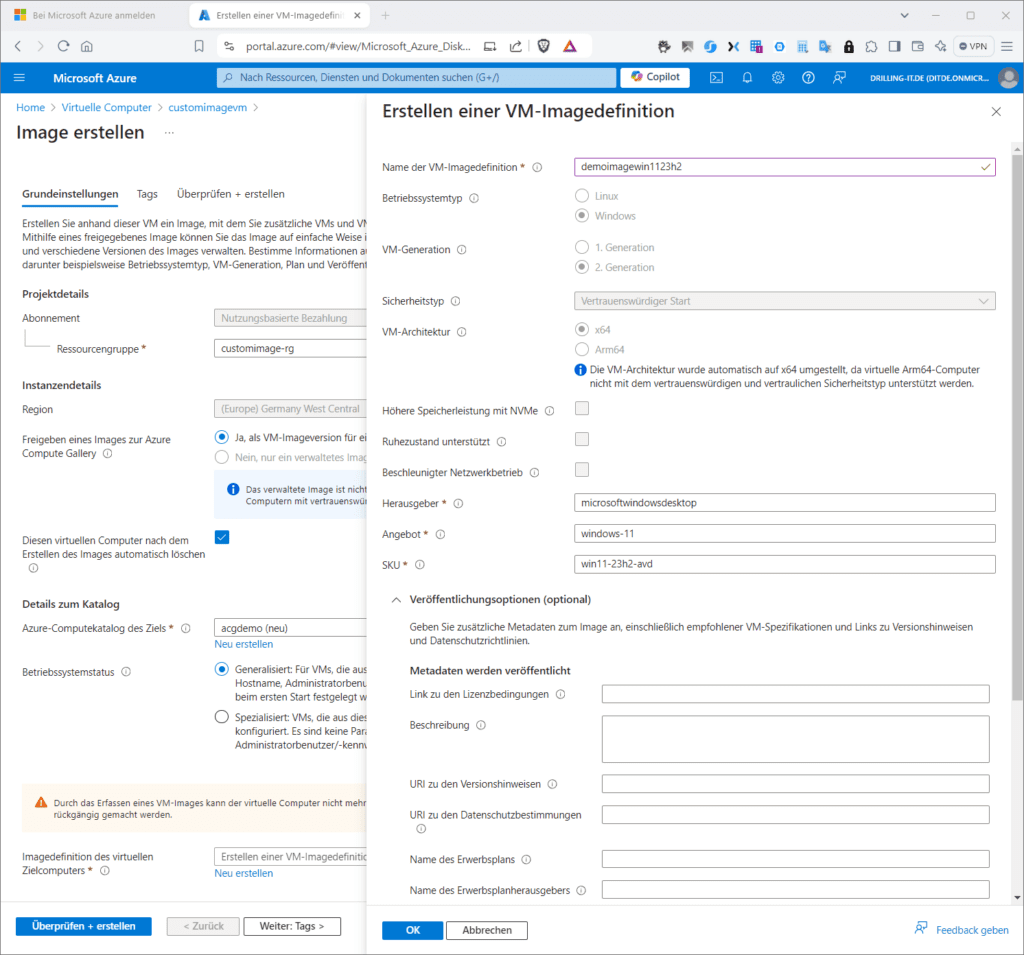 Screenshot der Microsoft Azure-Oberfläche, die ein Formular zur Erstellung einer VM-Image-Definition mit verschiedenen Eingabefeldern und Optionen zeigt.