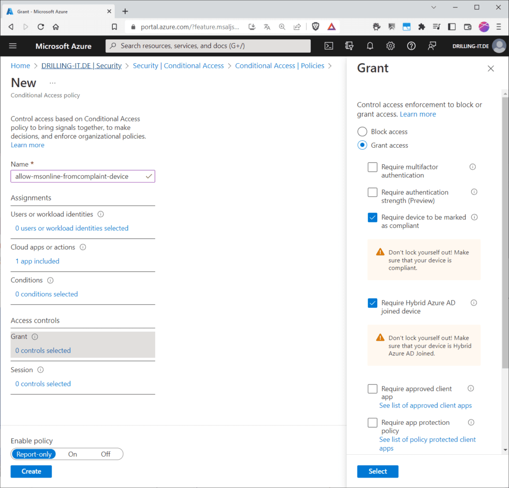 Ein Conditional-Access-Richtlinie für den Zugriff auf O365, die den Intune-Geräte-Status als Bedingung verendet.