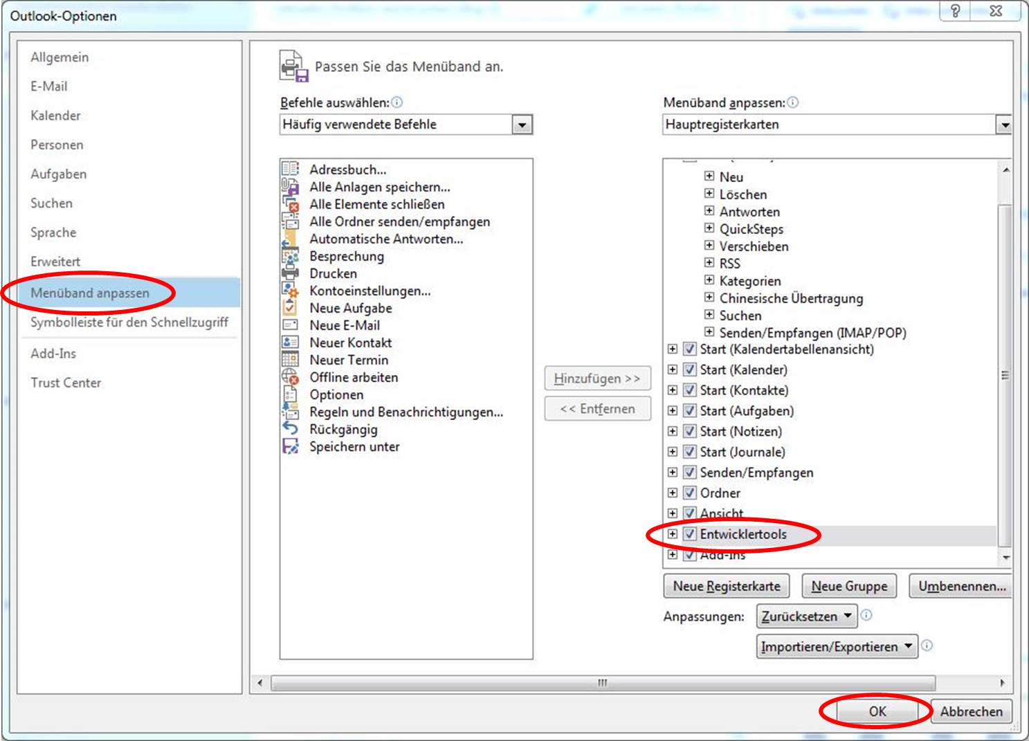 Outlook Optionen