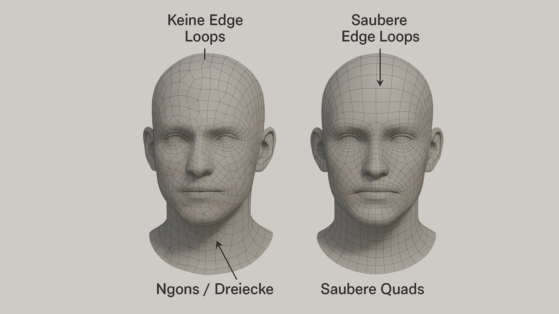 Zwei 3D Claymodell Köpfe mit unterschiedliche Topologienetz