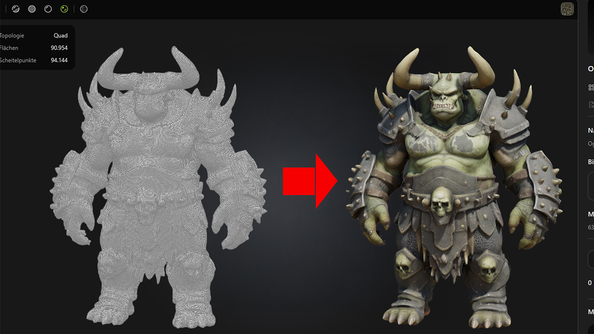 Ein 3D-Modell eines gepanzerten Orks mit Hörnern, links im Drahtgitter und rechts vollständig texturiert, mit einem roten Pfeil zwischen den beiden.