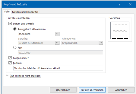 Die Fußzeile wird an den im Folienmaster hinterlegten Positionen angezeigt.