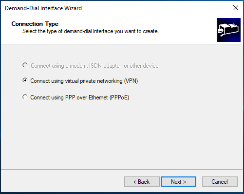 Im Demand-Dial-Wizard entscheide dich für „VPN“.