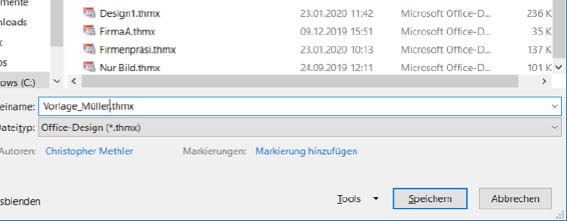 Gib dem Design unbedingt einen Namen, anhand dessen du es wieder erkennst. Verändere nicht den vorausgewählten Speicherpfad.