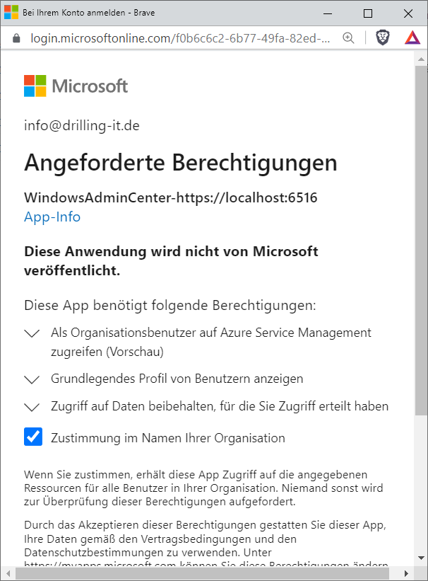 Die erforderliche Einwilligung, dass die Admin-Center-App die erforderlichen Berechtigungen erhält.