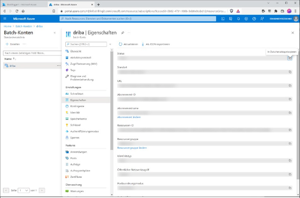 Die Credential-Informationen holen Sie sich aus dem Batch-Account.