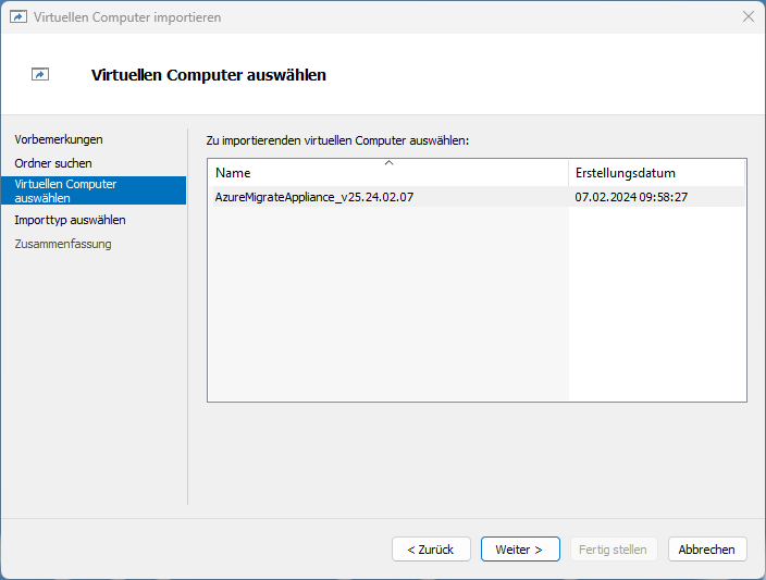 Dialogfenster mit dem Titel „Virtuelle Computer importieren“ mit einer Liste der zu importierenden virtuellen Maschinen