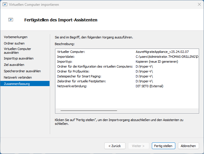 Das Fenster des Importassistenten zeigt eine Zusammenfassung des Imports des virtuellen Computers mit Details wie Name, Kennung und Verzeichnispfaden. Optionen zum Beenden oder Abbrechen.