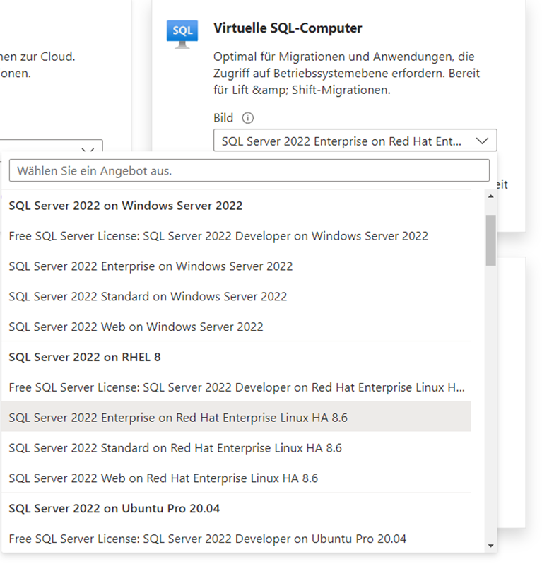 Für die SQL-Bereitstellung auf virtuellen Maschinen stehen diverse Images zur Verfügung