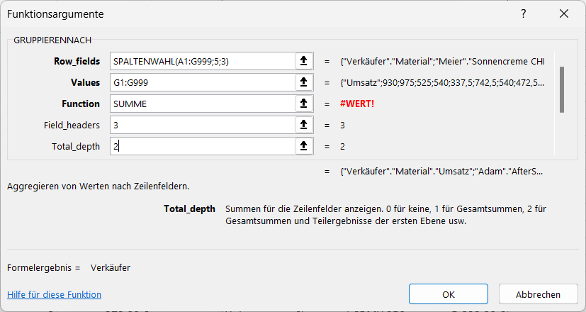 Dialogfeld „Tabellenkalkulationsfunktion“ mit Fehlermeldung und Feldern für Zeilen-, Werte-, Funktions- und Tiefeneinstellungen.