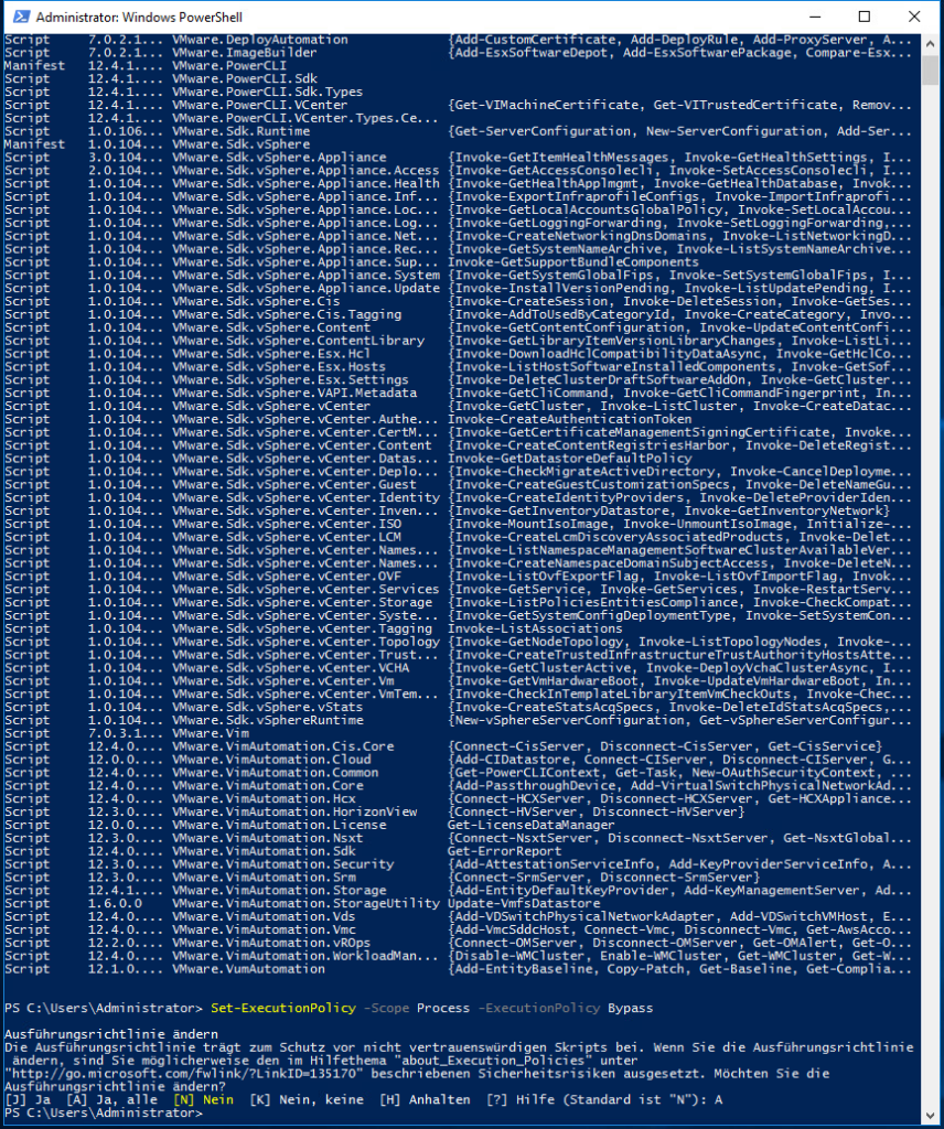 Das Installieren der PowerCLI gelingt nur in der originalen PowerShell, nicht in PowerShell Core