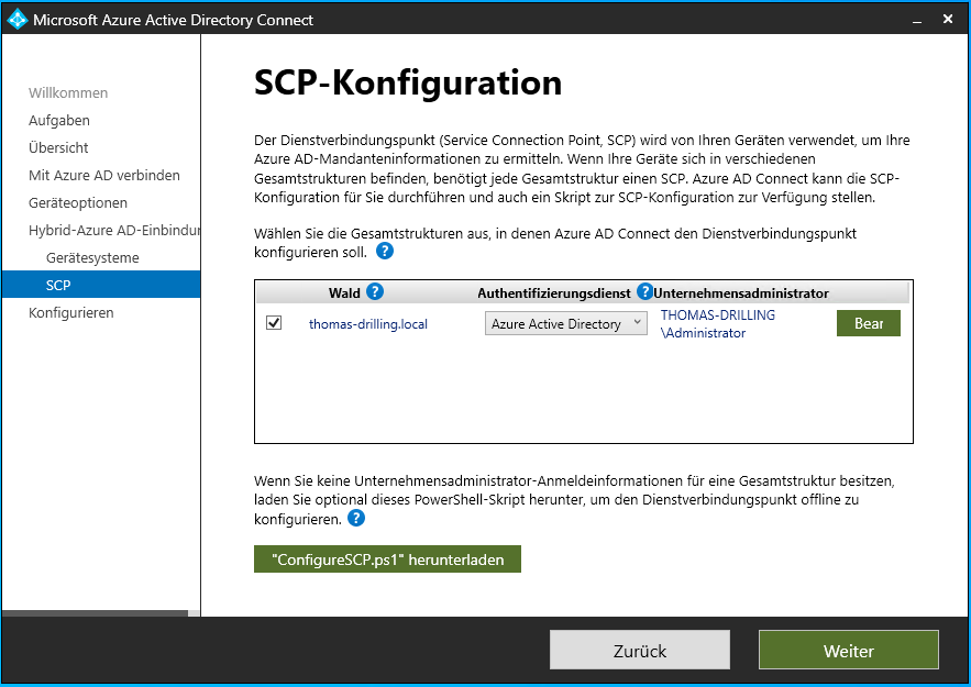 Die SCP-Konfiguration für den Hybrid-Join.