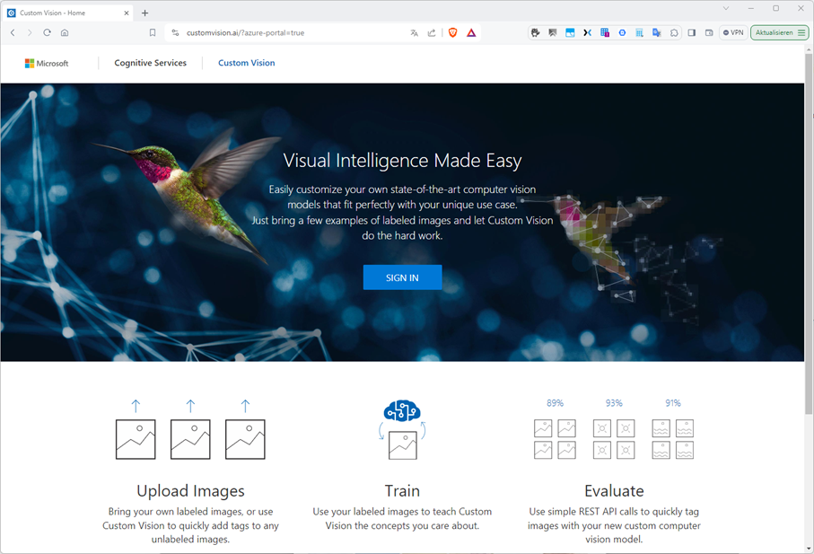 Eine Website-Homepage mit einem farbenfrohen Kolibri und einem Text über visuelle Intelligenz. Zu den Optionen gehören das Hochladen, Trainieren und Auswerten von Bildern.