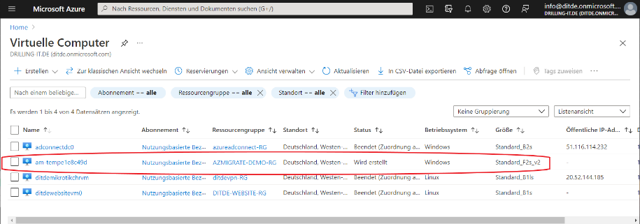 Bei der Testmigration wird erstmals eine Azure-VM erzeugt
