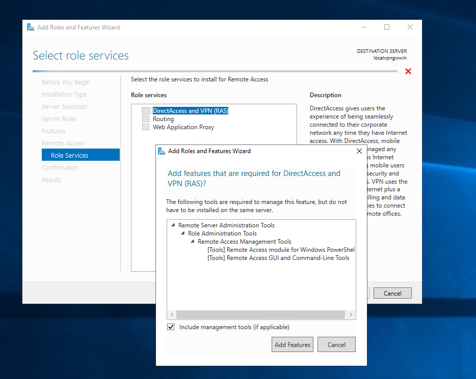 Von den Features benötigst du lediglich „DirectAccess and VPN (RAS)“.