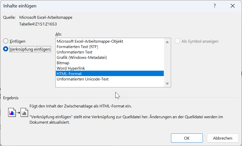 Inhalte in Word einfügen: Quelle ist unsere Excel Arbeitsmappe