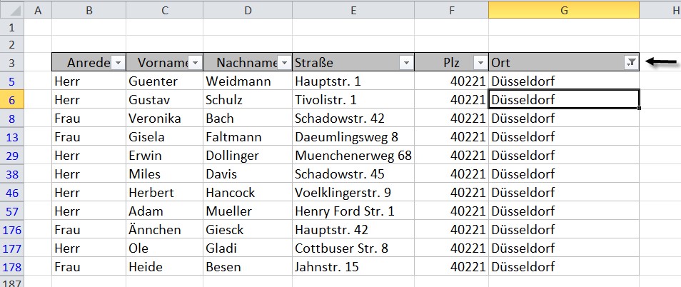 Tabelle mit einer Liste von Namen, Adressen und Orten in Düsseldorf, mit Spalten für Titel, Vorname, Nachname, Straße, Postleitzahl und Ort.
