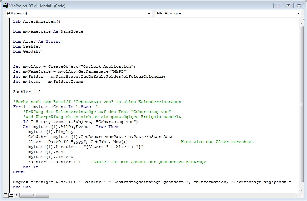 Modulfenster mit eingefügtem VBA Code