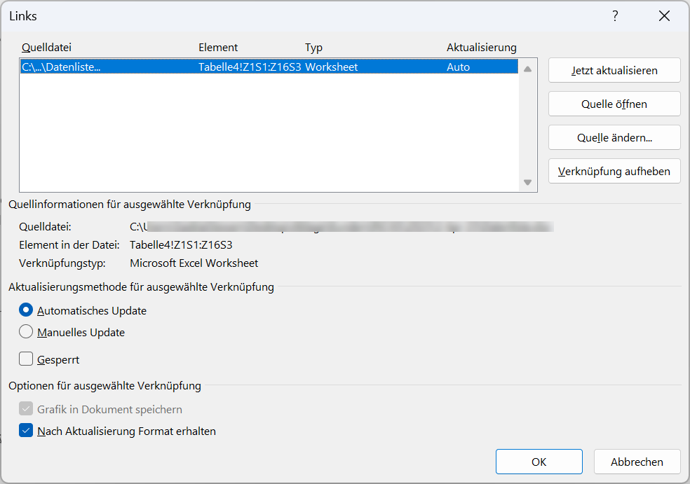 Ein Klick auf die Schaltfläche Verknüpfung aufheben löst die Verbindung zur Excel-Tabelle