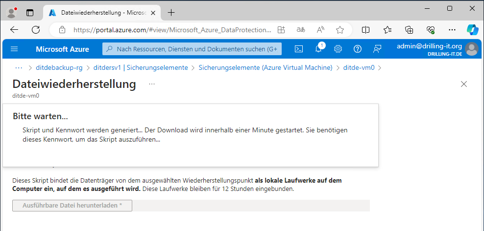 Screenshot der Microsoft Azure-Seite für die Datenwiederherstellung, die eine Meldung über die Erstellung eines Skripts und eines Kennworts für den Download anzeigt.