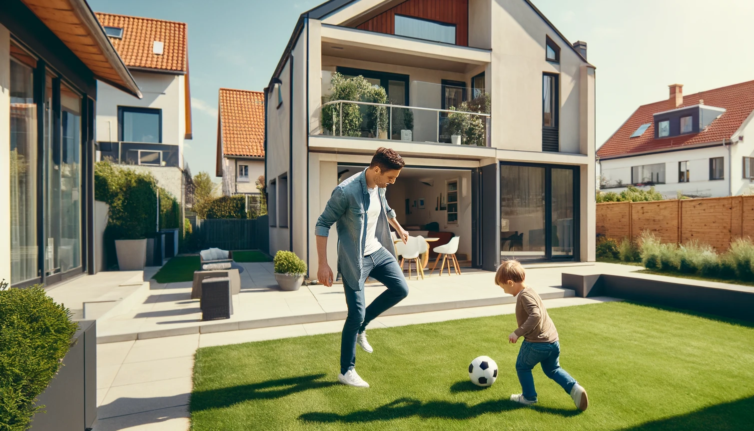 Ein Vater spielt mit seinem Sohn im Garten seines Einfamilienhauses