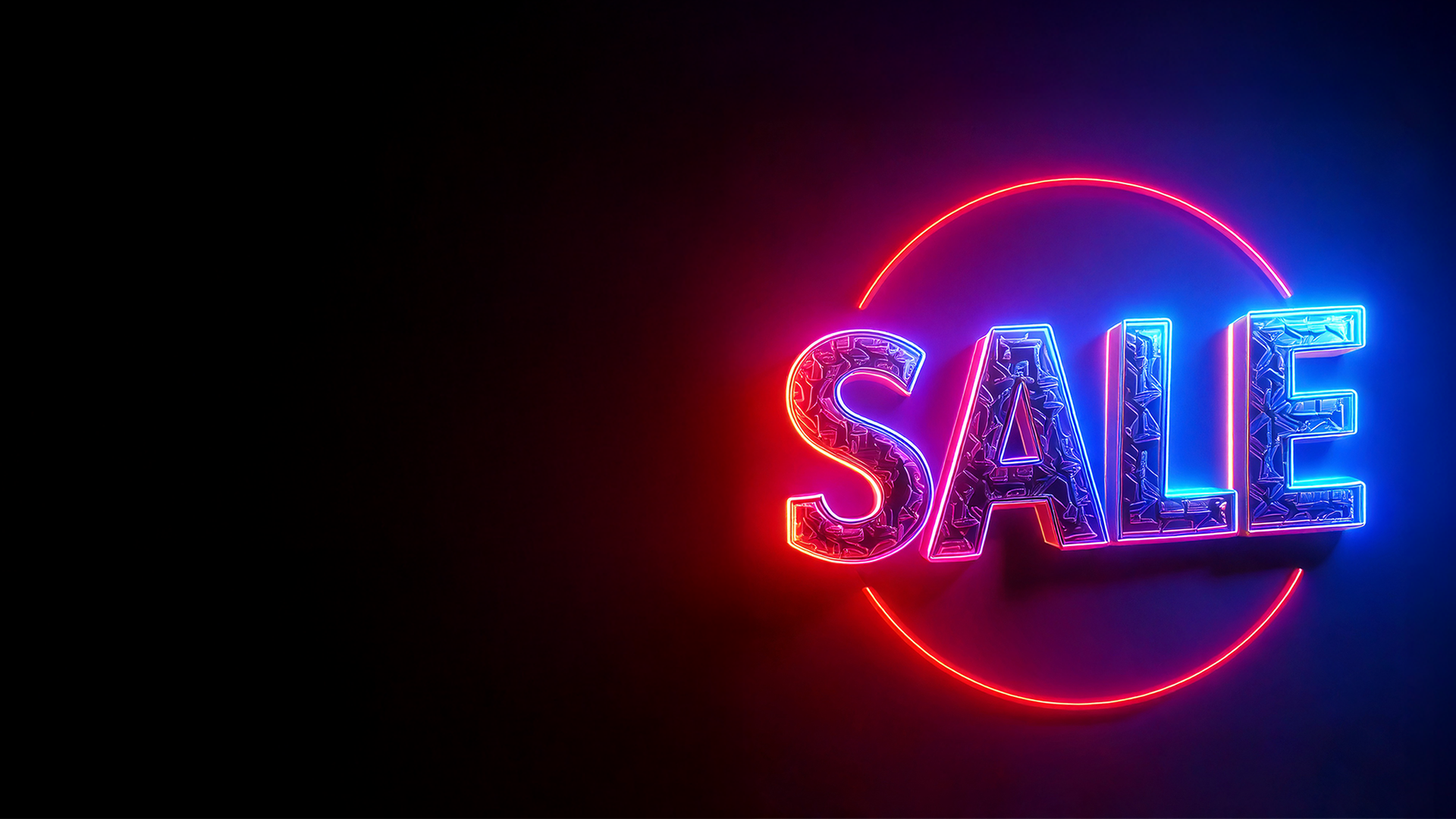 Neon-style text displaying the word 'SALE' in bold, capital letters with a glowing red and blue outline. The letters have a metallic texture, reflecting light. A neon red circle partially surrounds the text. The background is dark, enhancing the vibrant glow effect