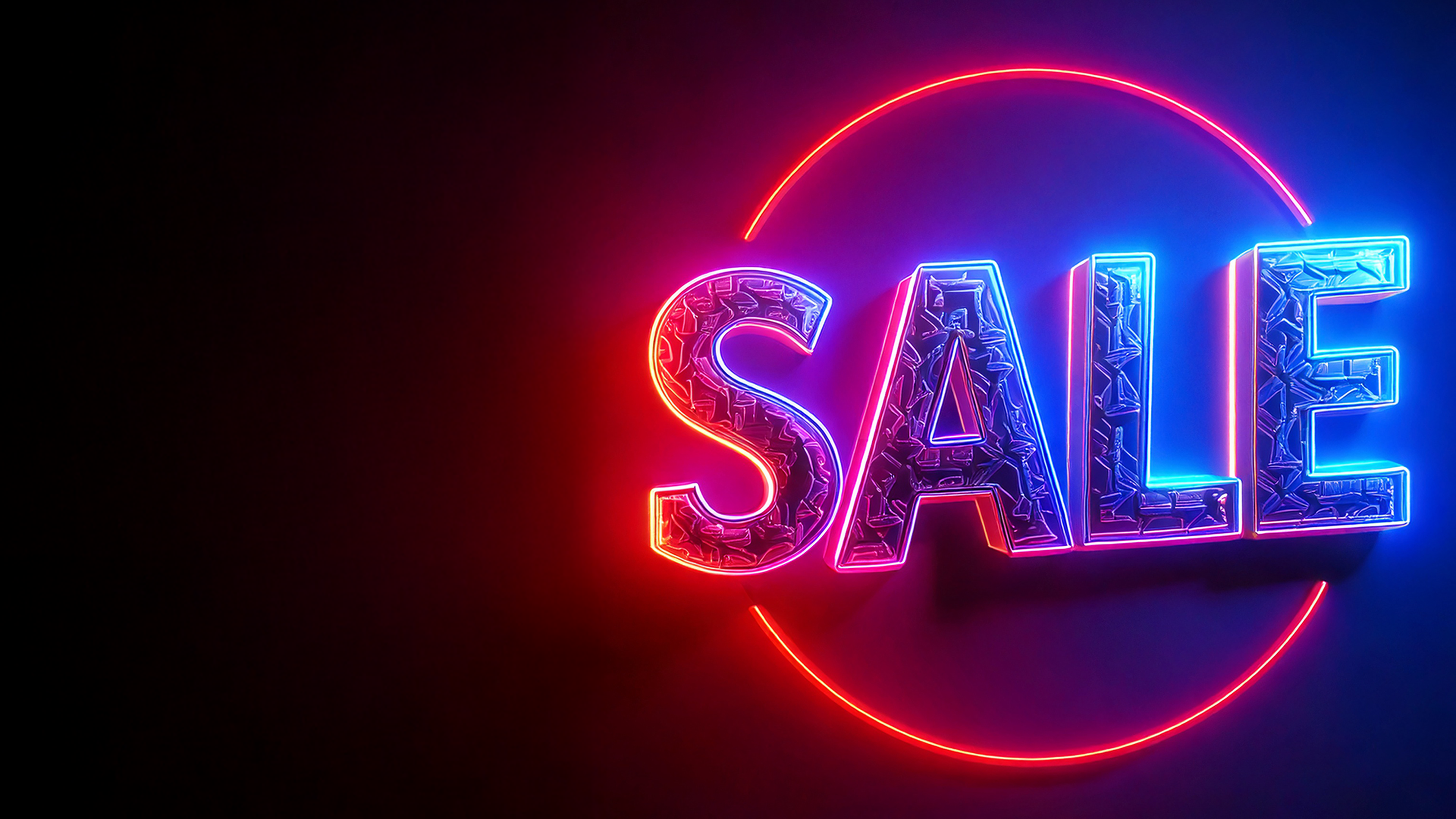"Neon-style text displaying the word 'SALE' in bold, capital letters with a glowing red and blue outline. The letters have a metallic texture, reflecting light. A neon red circle partially surrounds the text. The background is dark, enhancing the vibrant glow effect