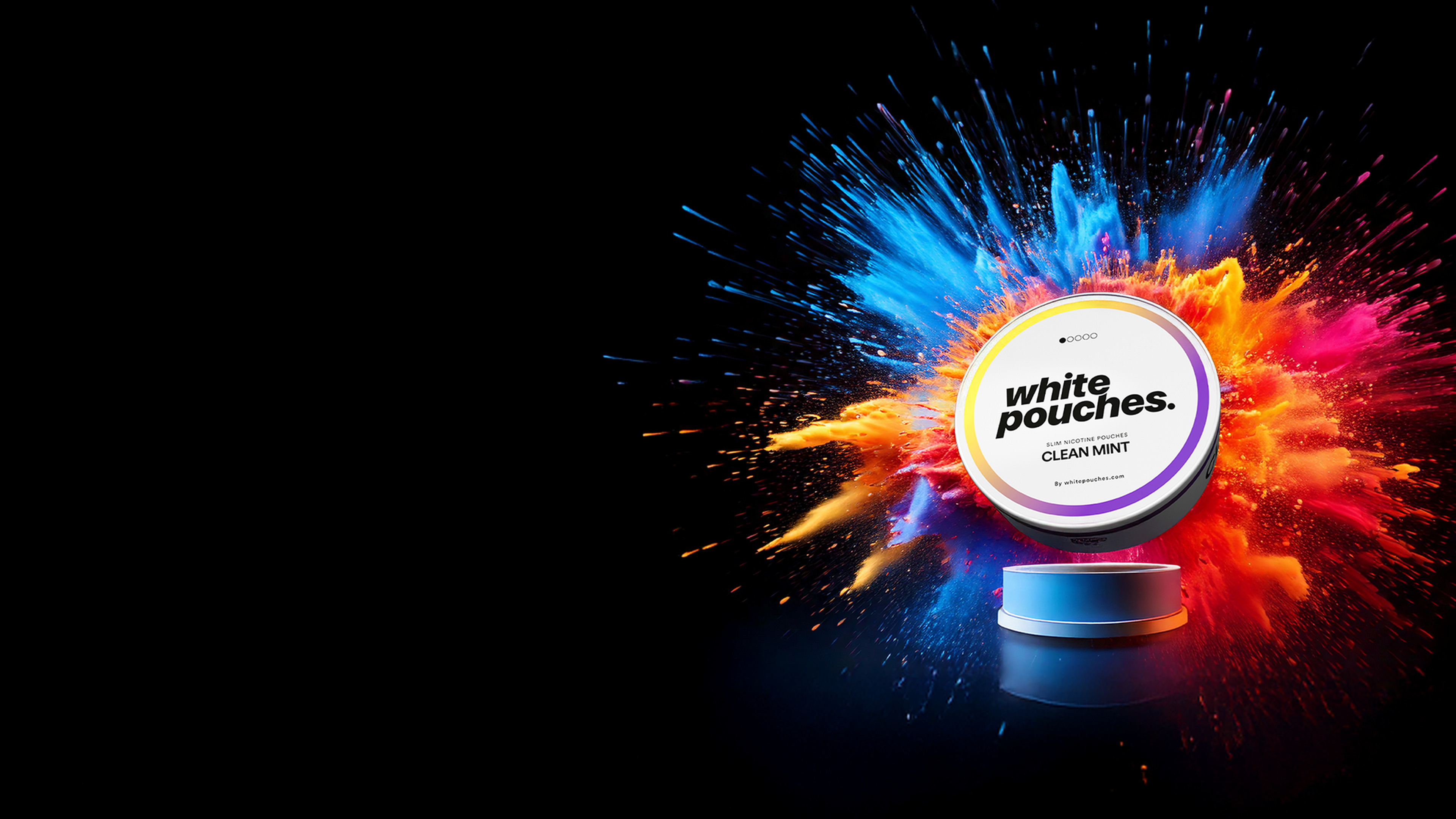 A round tin labeled 'white pouches. CLEAN MINT' is placed on a reflective surface, with a burst of vibrant blue, orange, and red powder exploding behind it against a black background. The tin is centrally positioned, with dynamic color contrast creating a striking visual effect.