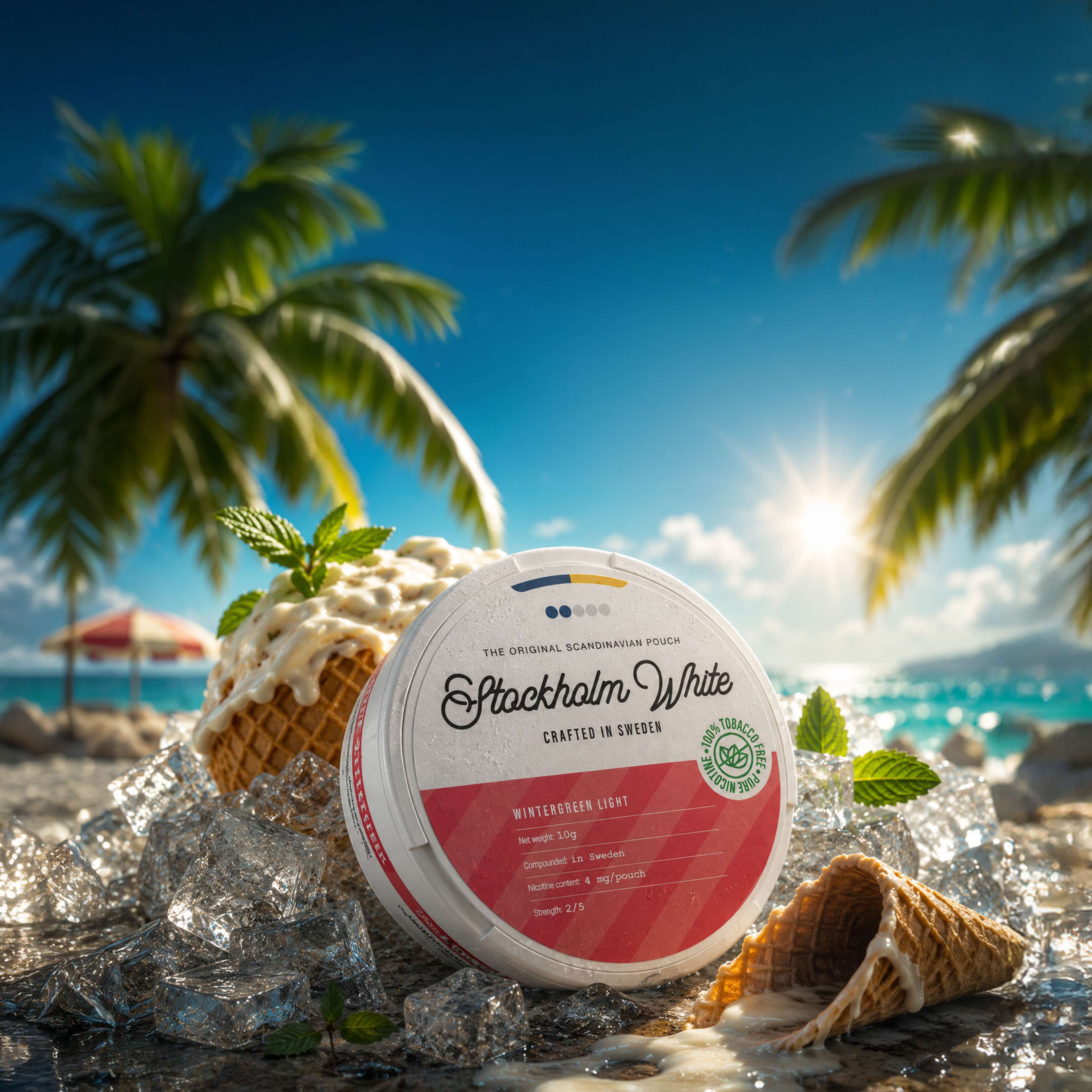 Tin of "Stockholm White" wintergreen pouches on ice by a sunny beach, with a fallen ice cream cone and palm trees in the background.