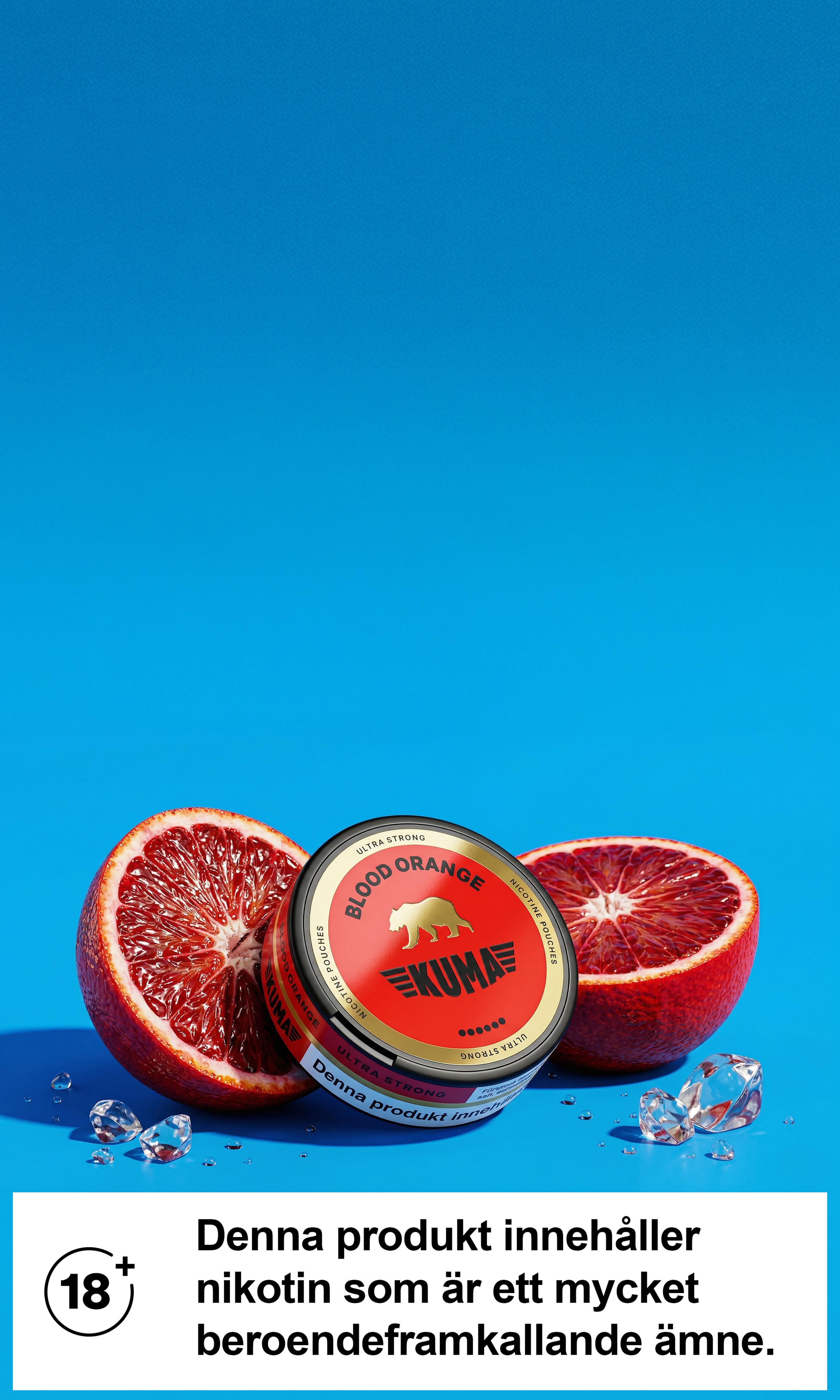 A tin of blood orange-flavored snus surrounded by sliced blood oranges and ice cubes, with a nicotine warning in Swedish at the bottom.