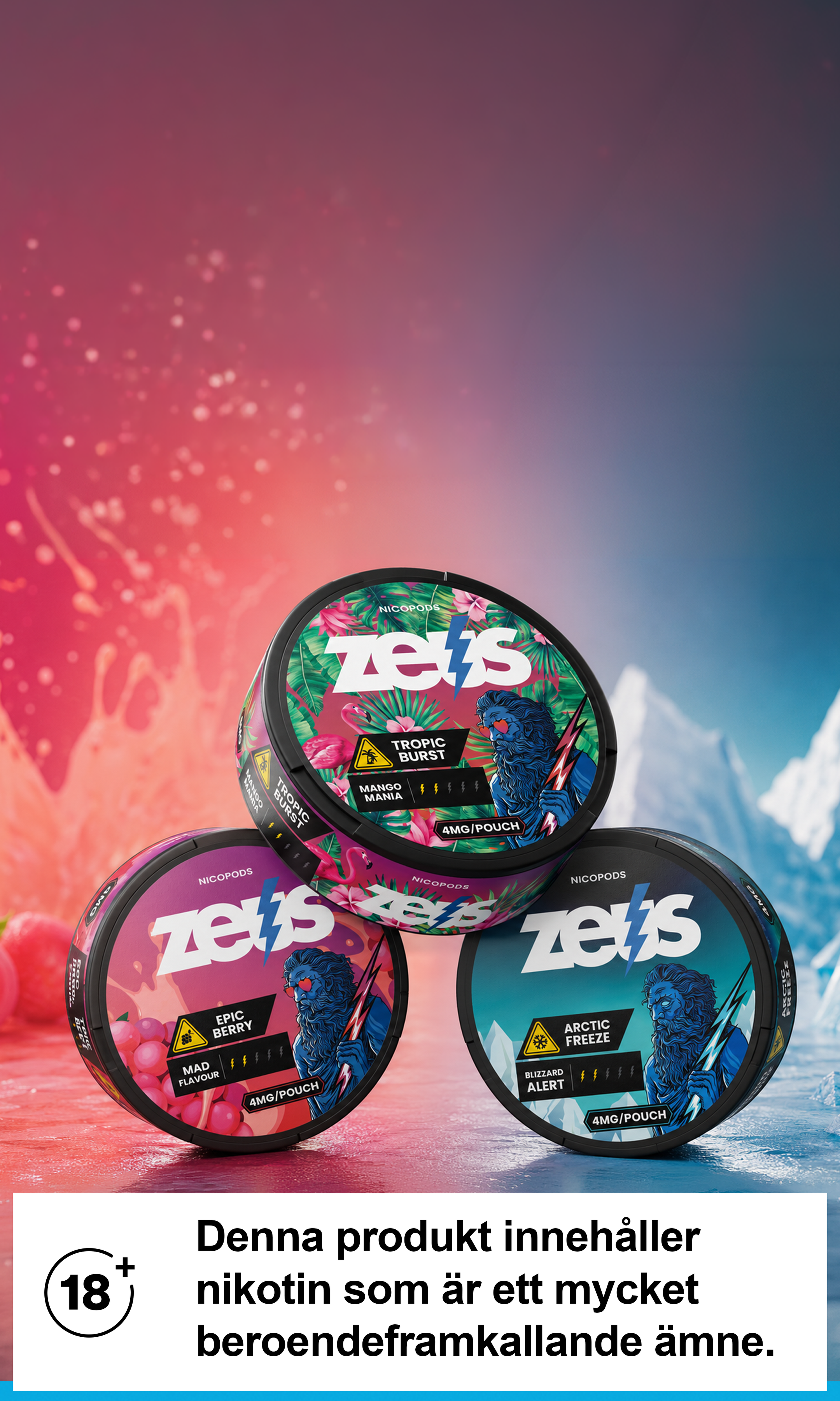 Three colorful tins of ZEUS nicopods in a vibrant background with a warning label about nicotine in Swedish.