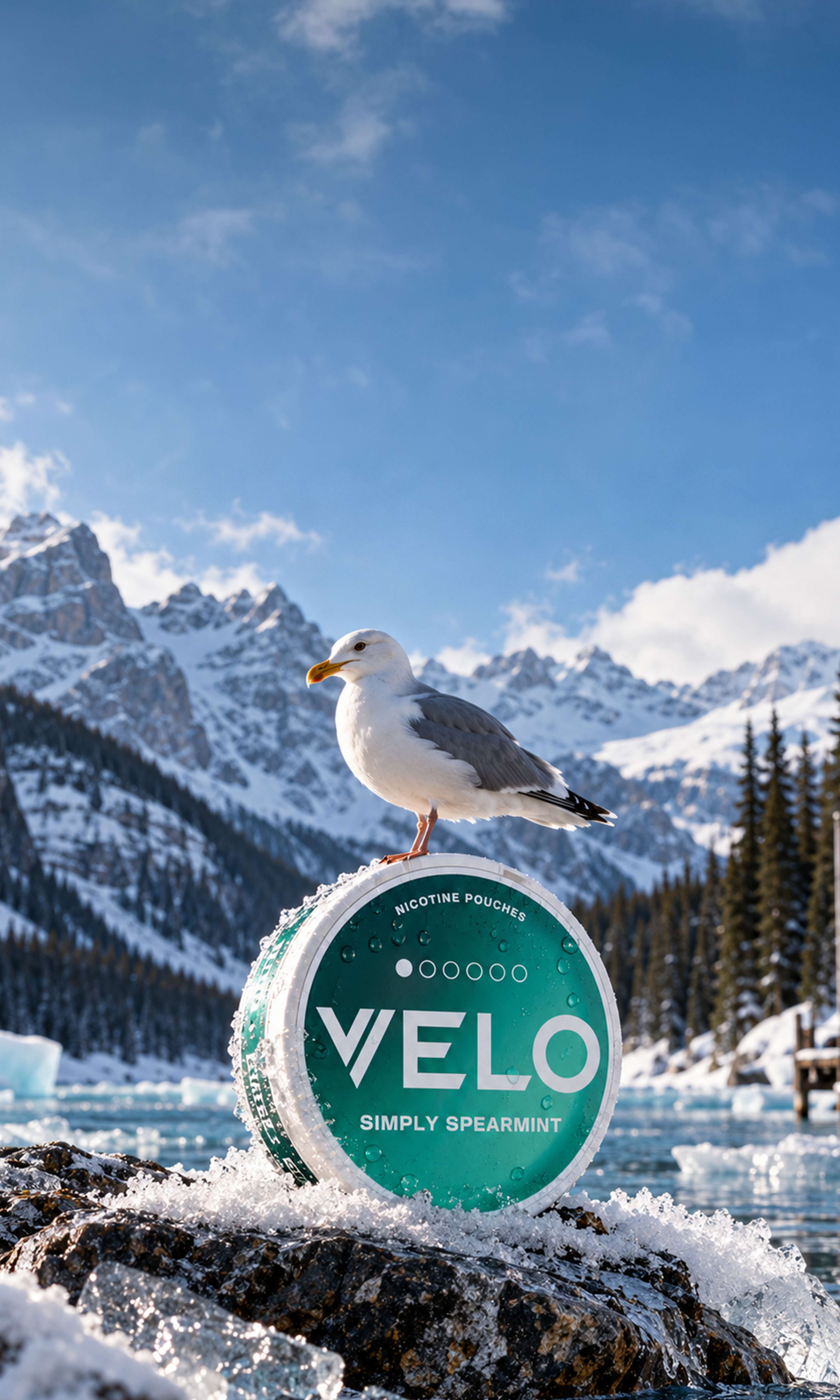 A seagull perched on a VELO Simply Spearmint tin on a snowy rock by an icy mountain lake.