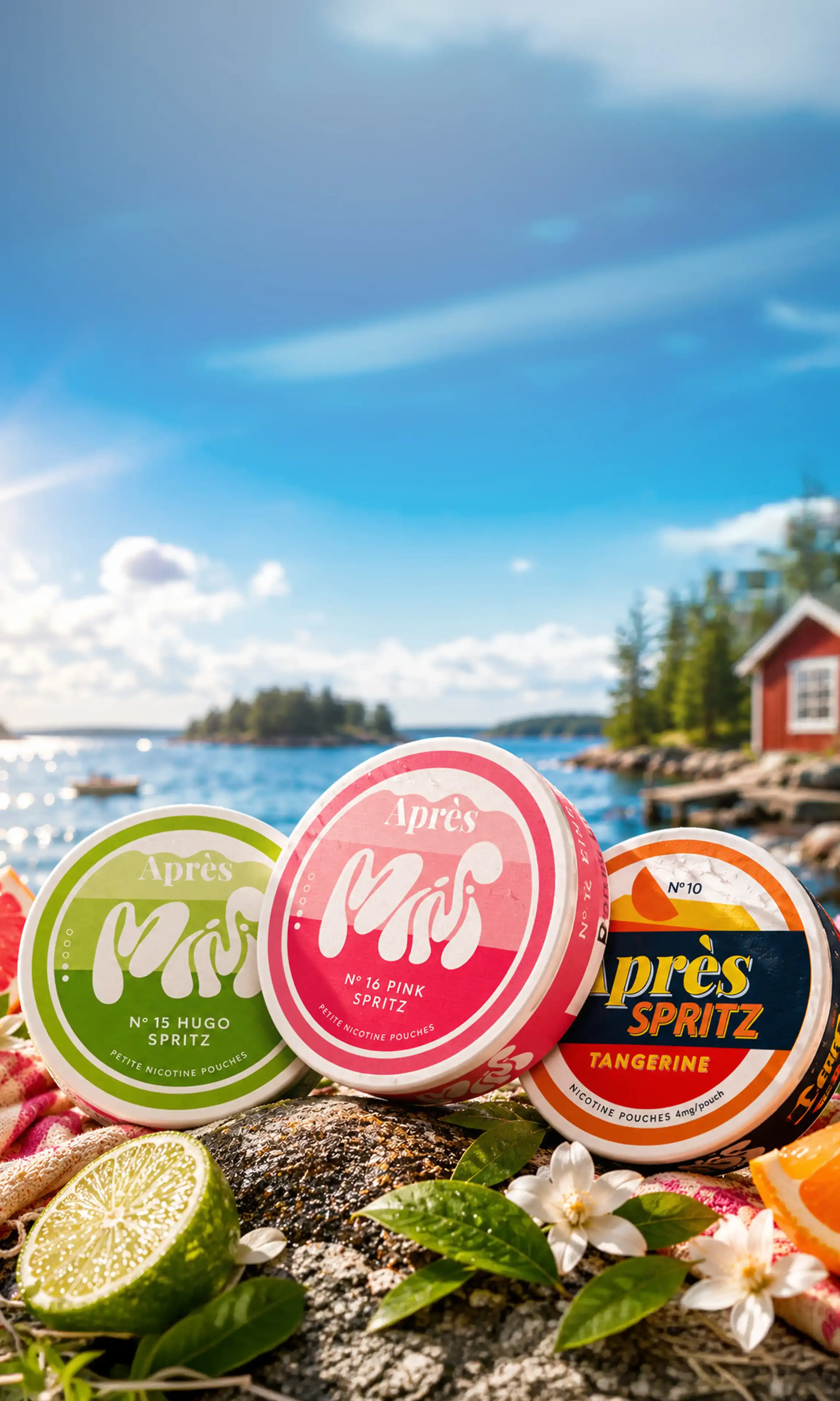Three tins of nicotine pouches on a rocky shore, adorned with lime and flowers, with a scenic lake and red cabin in the background.