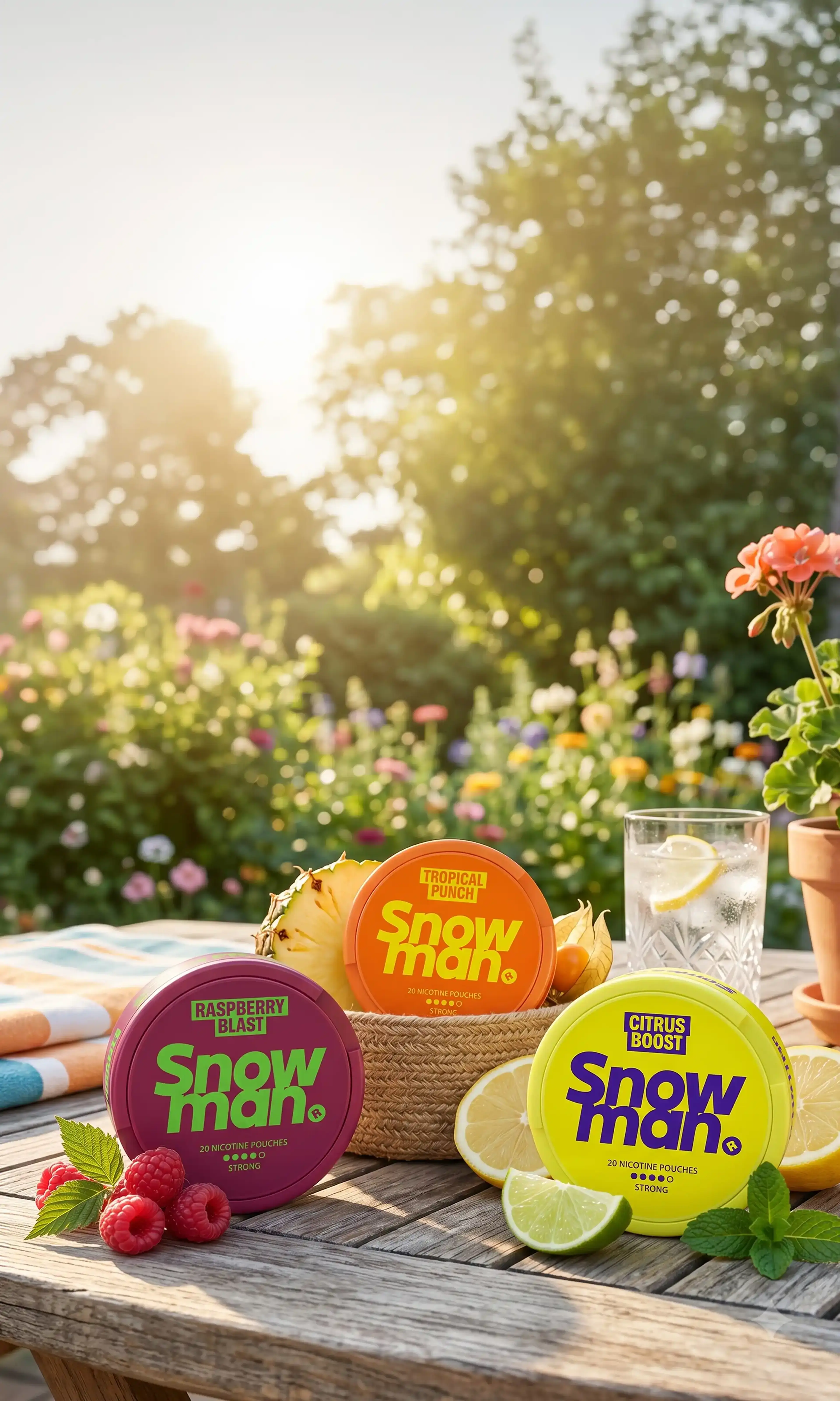 Colorful nicotine pouches labeled "Snowman" on a picnic table with fruit and a lemon drink, set against a sunny garden background.