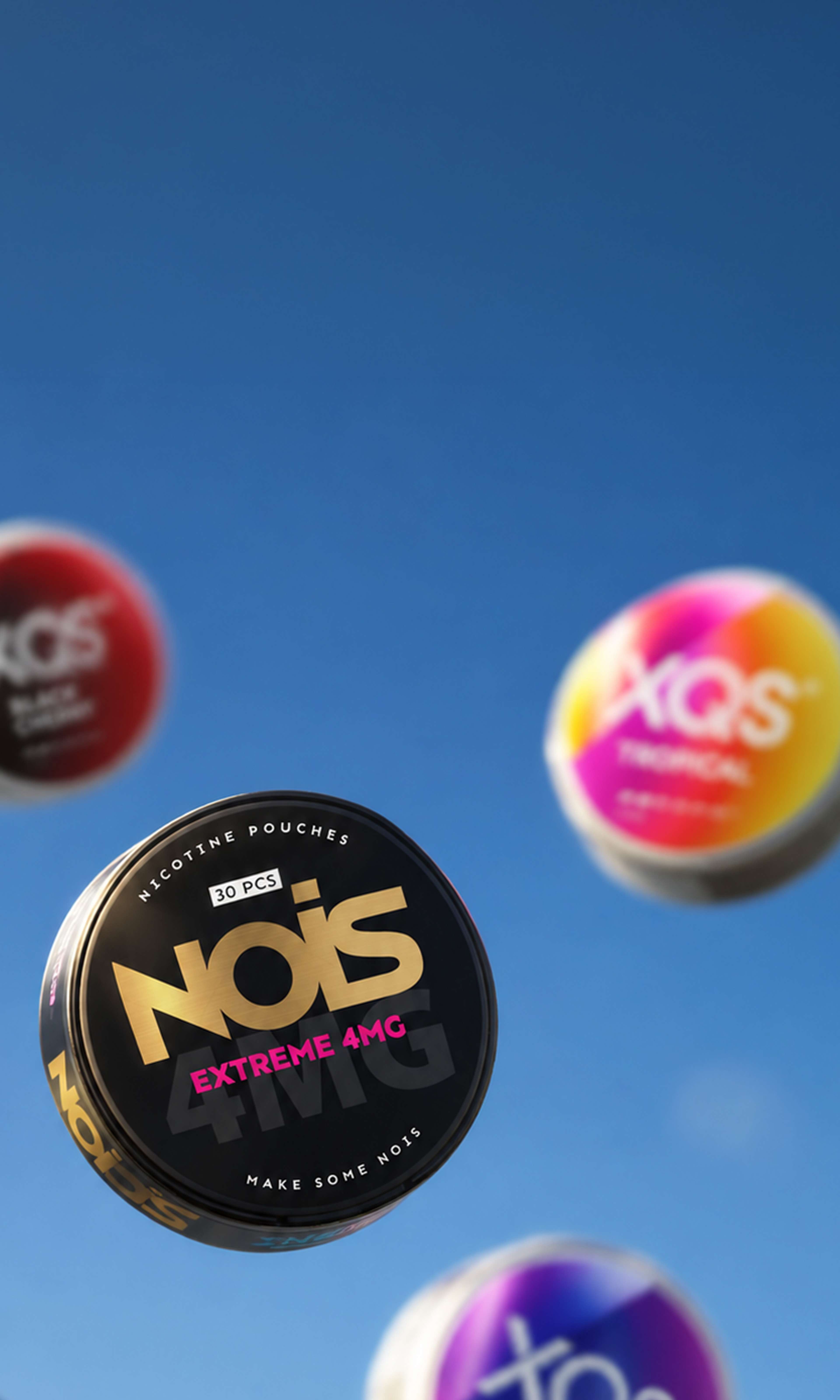 A NOIS Extreme 4mg tin and colourful XQS tins floating against a bright blue sky with soft clouds.
