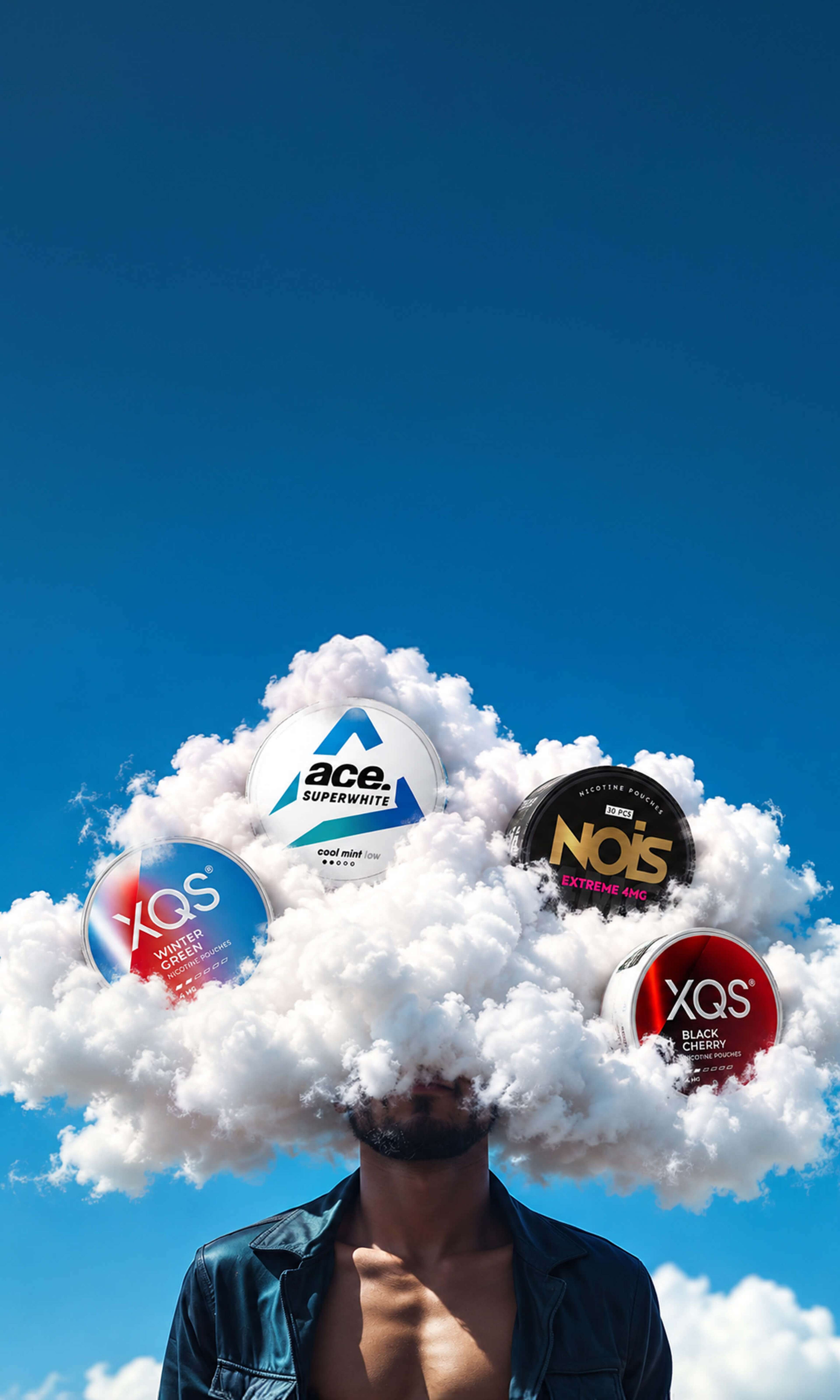 Man with a cloud over his face, containing various nicotine pouch tins, against a clear blue sky.